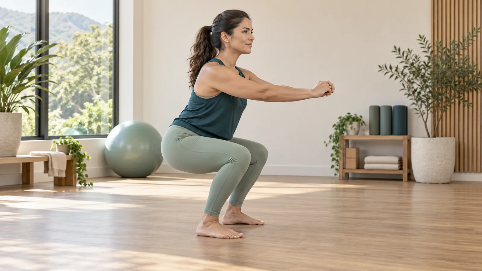 Illustration of a woman doing a squat to work her legs and glutes. AI-generated image.