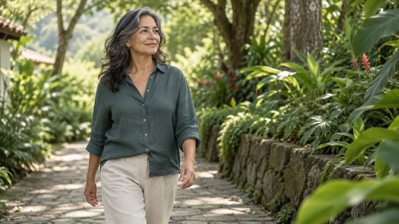 Ilustración de una mujer de mediana edad caminando en un jardín. Imagen generada con IA.