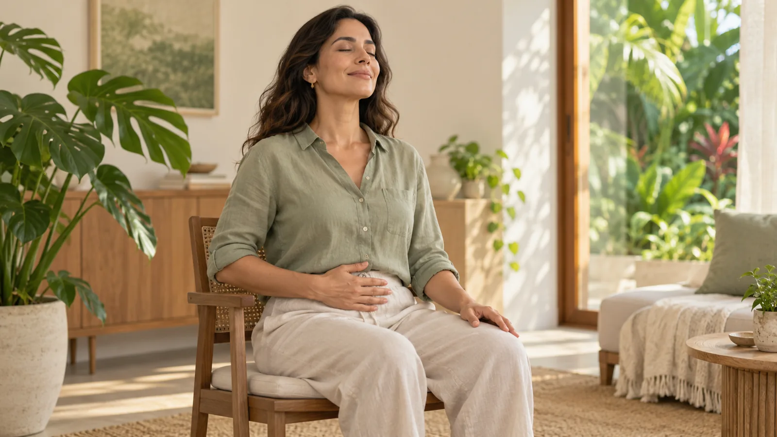 Illustration of a seated woman paying attention to her breathing. AI-generated image.
