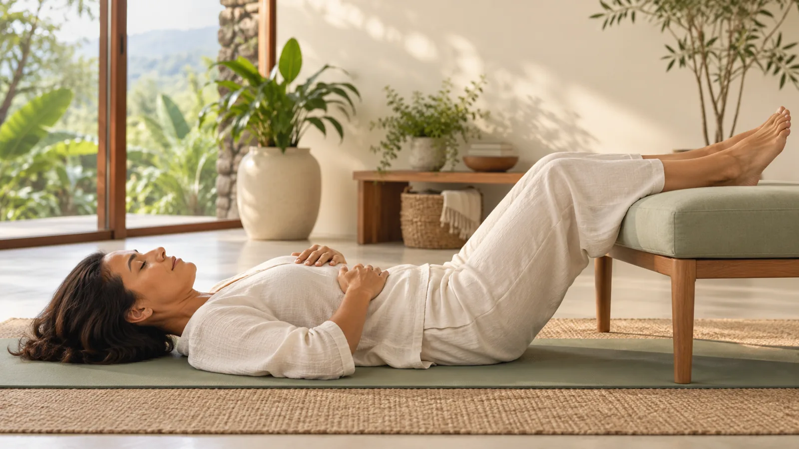 Illustration of a woman resting with her legs supported. AI-generated image.