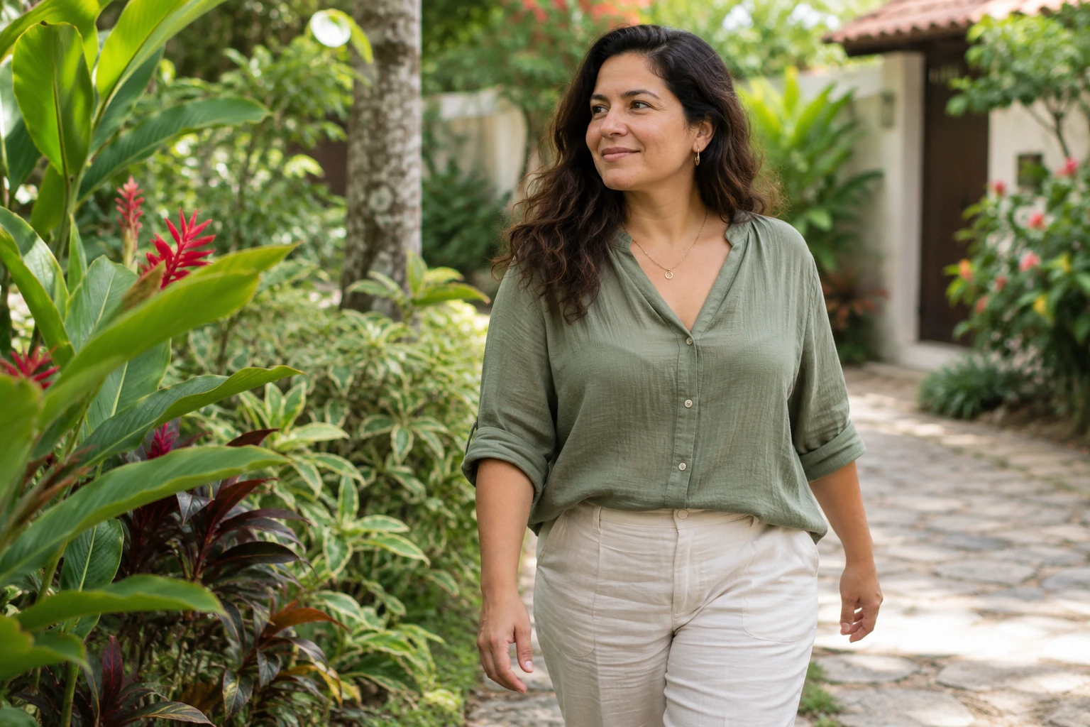 Imagen de estilo fotográfico de una mujer paseando con tranquilidad en un jardín tropical