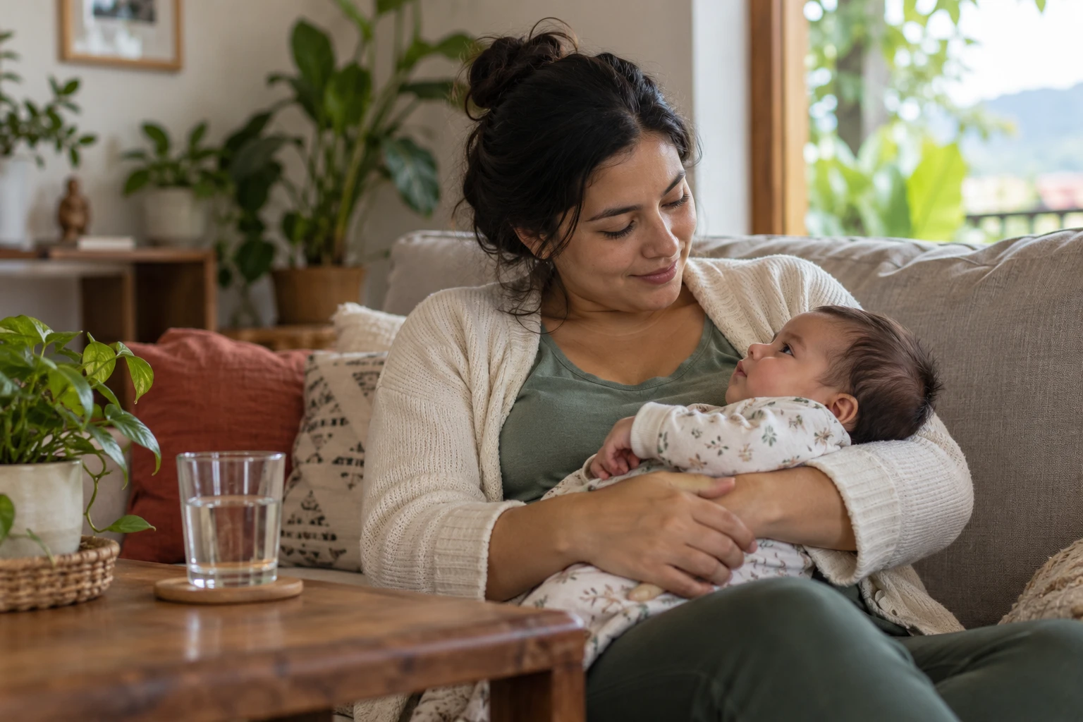 Imagen de estilo fotográfico de una madre descansando con su bebé y recibiendo apoyo en casa